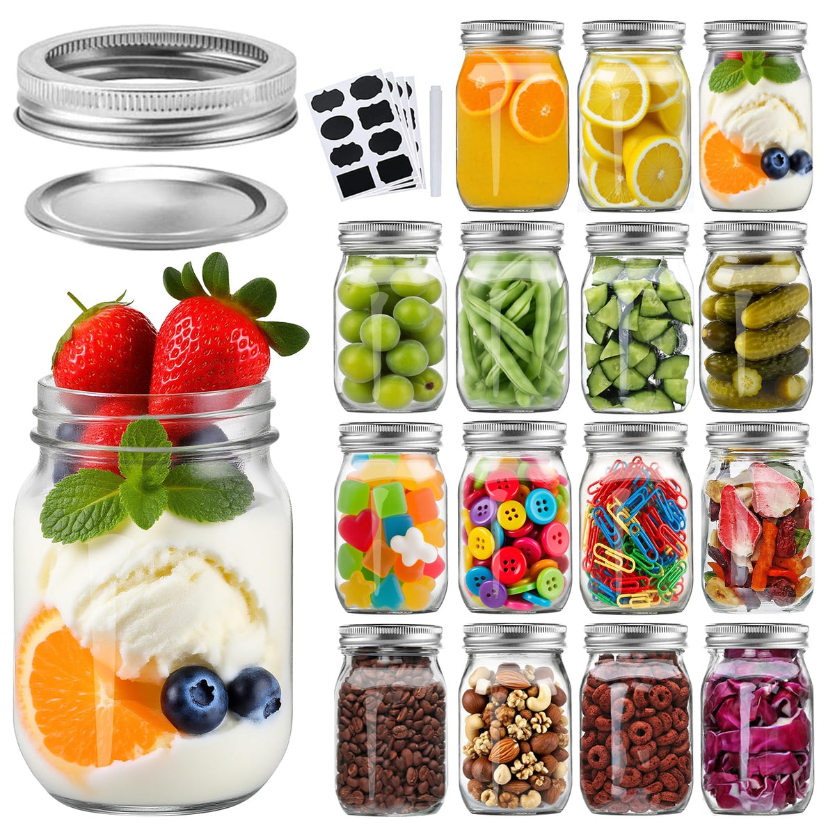 Accguan 16oz mason jar front view showing clear glass and airtight lids for easy storage.