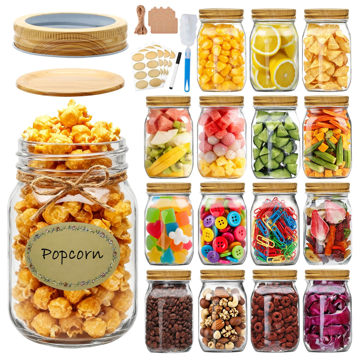 Accguan 16oz mason jar with woodgrain lid for airtight storage and easy visibility