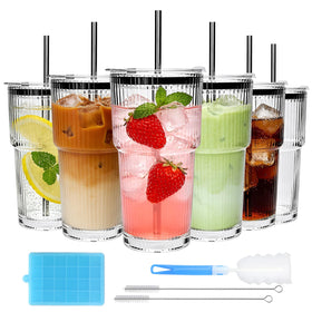 Accguan 20oz ribbed glass tumbler with straw and lid for hot drinks on the go