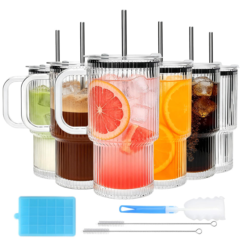 Accguan 6-pack ribbed glass tumbler with lid for on-the-go beverages