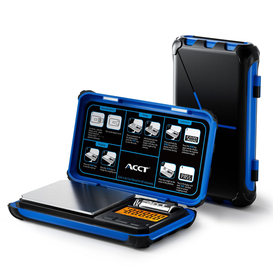 ACCT precision pocket scale front view with backlit display for quick, accurate readings.