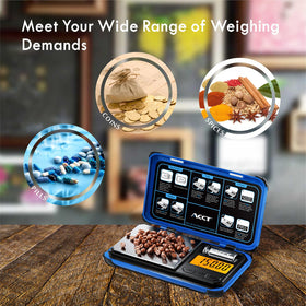 ACCT pocket scale in kitchen use case for measuring coffee, spices, and powders.