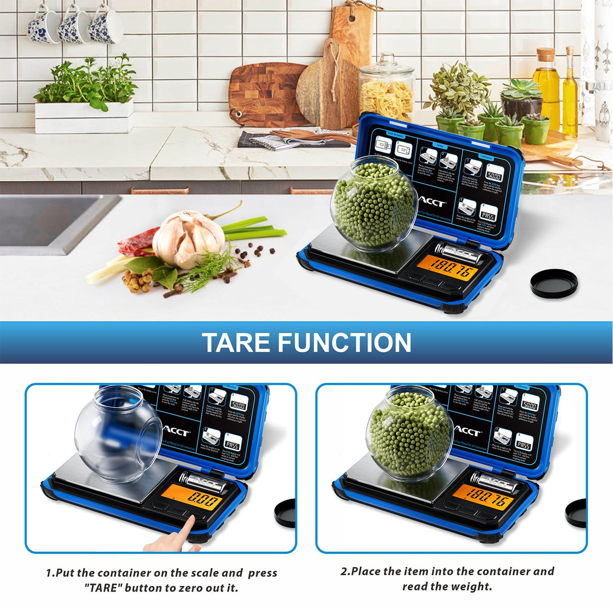 ACCT pocket scale stainless steel platform enables easy loading and simple cleanup.