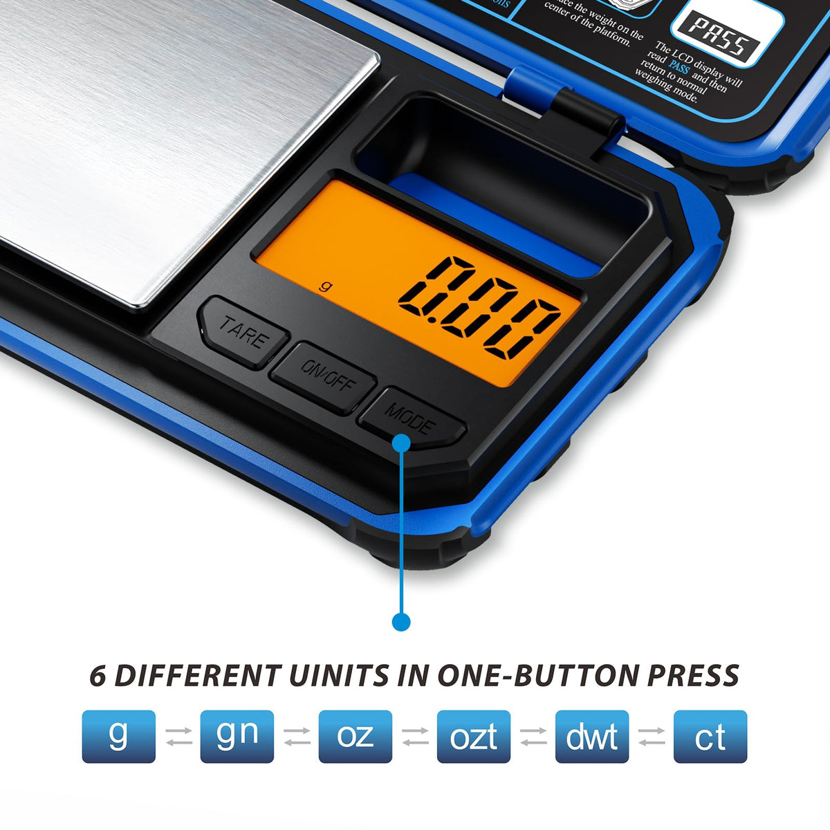 ACCT pocket scale tare function demonstrates zeroing a container for net weight accuracy.