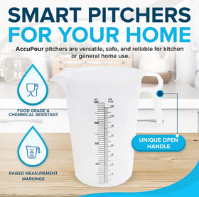 ACCUPOUR measuring pitcher angled handle for easy pouring with gloves.