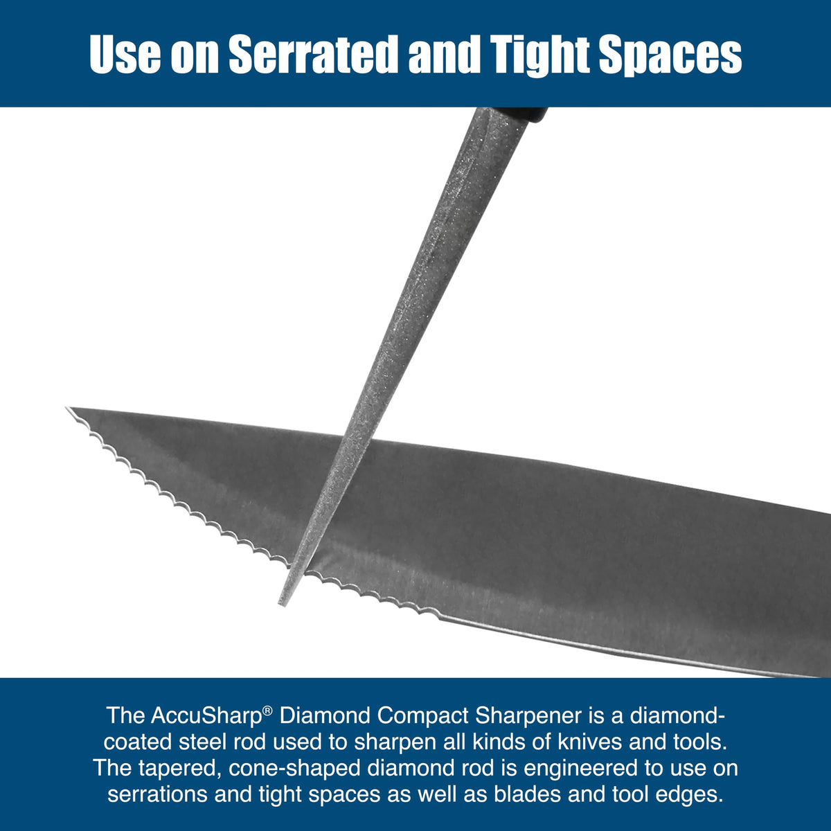 Diamond-coated rod sharpener designed for serrations and hard-to-reach edges.