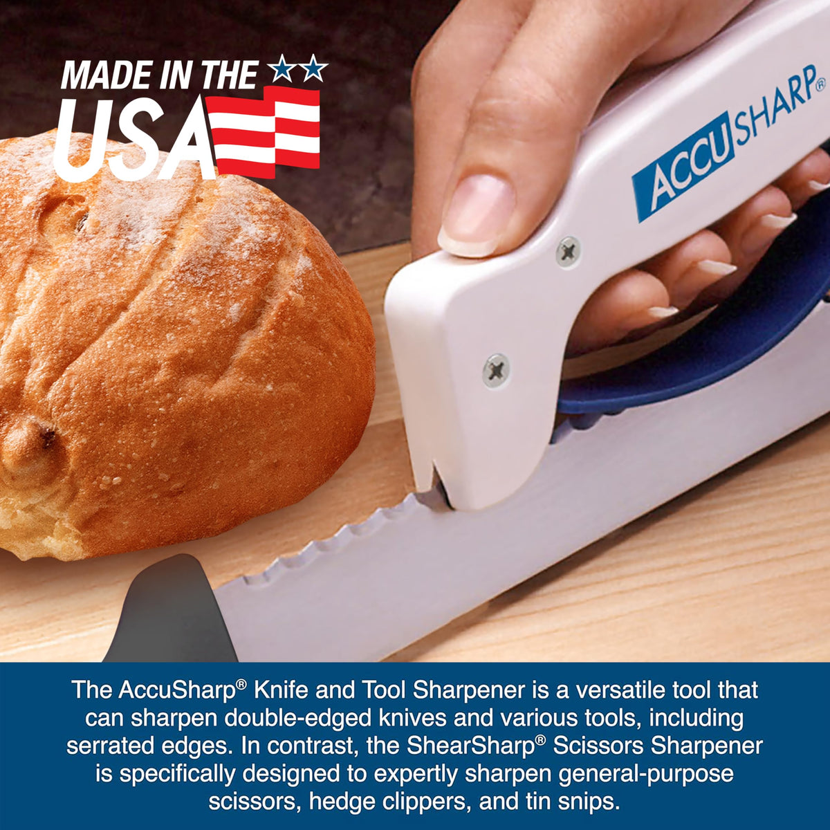 ACCUSHARP ergonomic handle offers comfortable, safe sharpening in either hand.