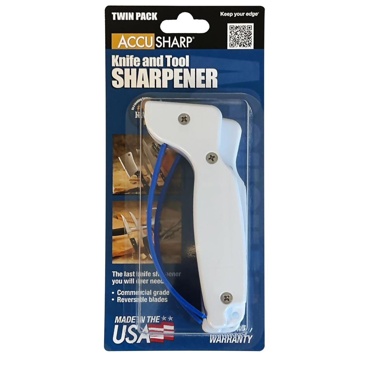 ACCUSHARP ergonomic handle sharpener provides a comfortable, ambidextrous grip.
