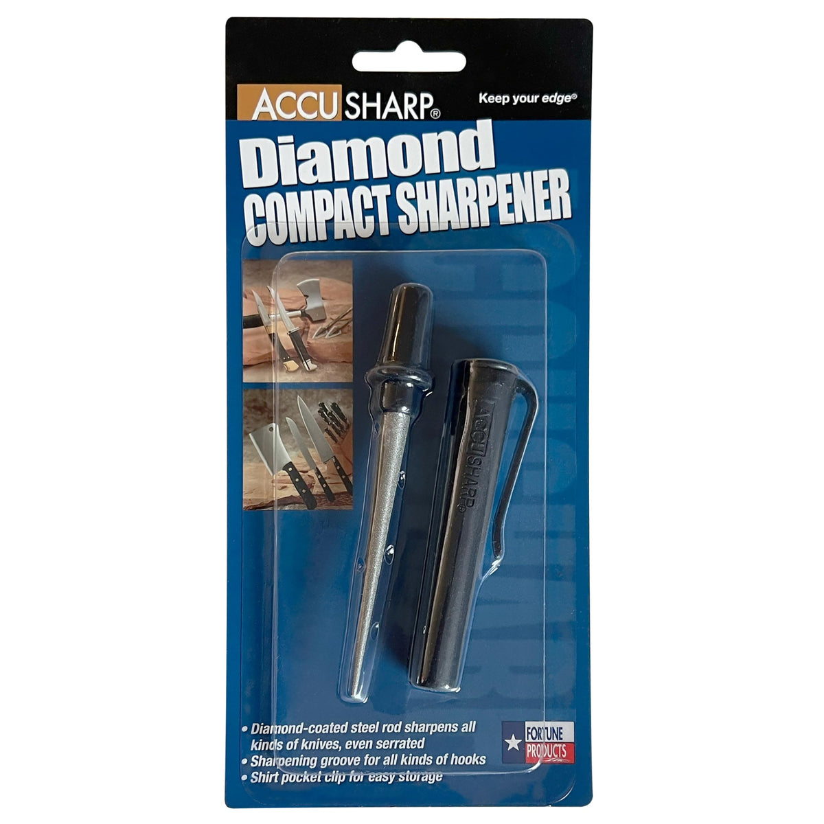 ACCUSHARP Diamond rod sharpener with pocket-friendly handle for on-the-go edge maintenance.
