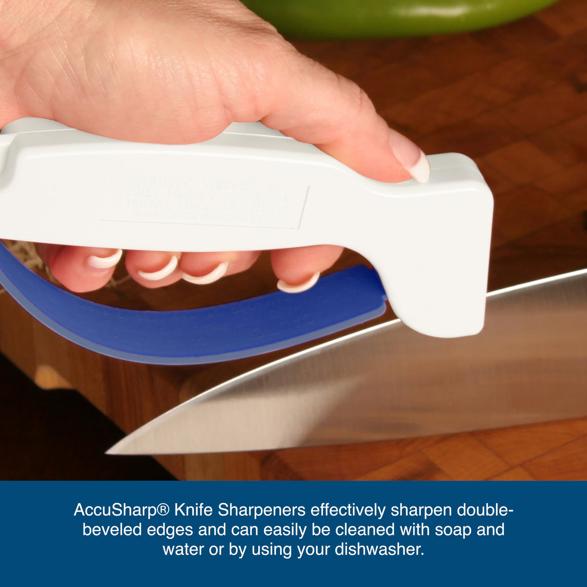 ACCUSHARP compatible with serrated and straight edges for versatile kitchen prep.