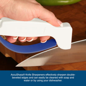 ACCUSHARP compatible with serrated and straight edges for versatile kitchen prep.