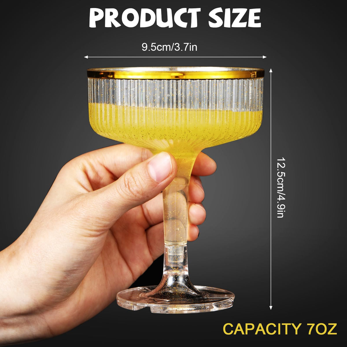 Acellegic 7oz champagne coupe glasses with sparkling acrylic finish.
