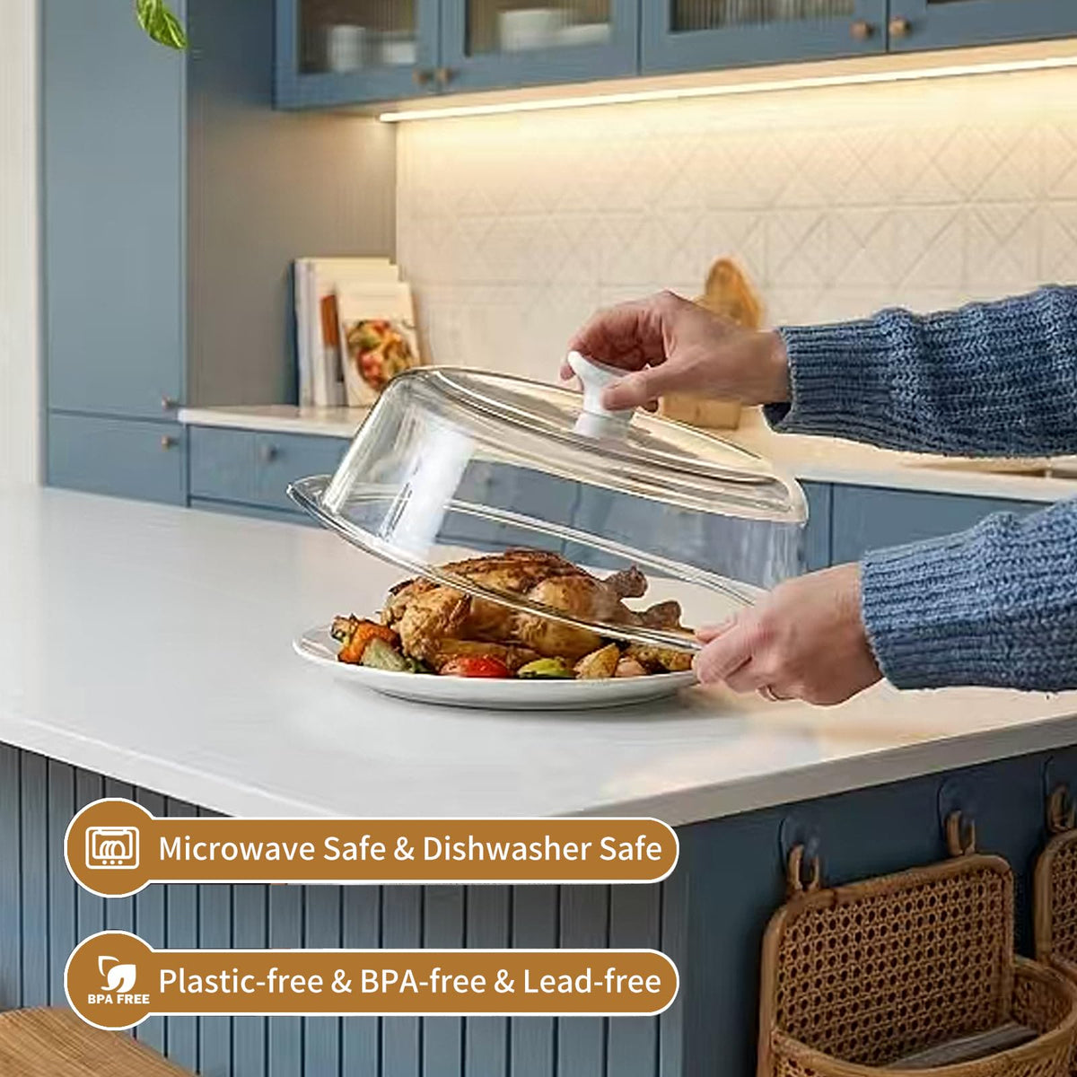 ACEPRUT Dishwasher-safe splatter cover fits most plates for quick cleanup.