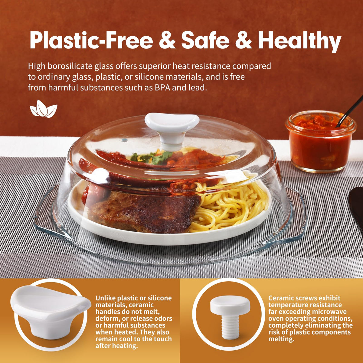 ACEPRUT Glass cover with steam vent preserves texture while reheating leftovers.