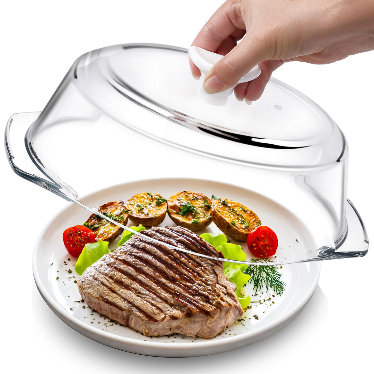 ACEPRUT New Upgrade glass microwave splatter cover with ceramic handle keeps cool and safe to touch.