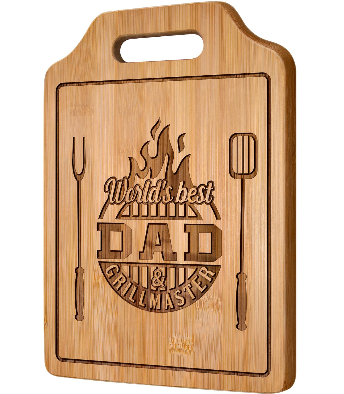 AceThrills engraved bamboo cutting board featuring World's Best Dad & GRILLMASTER for cooking enthusiasts.