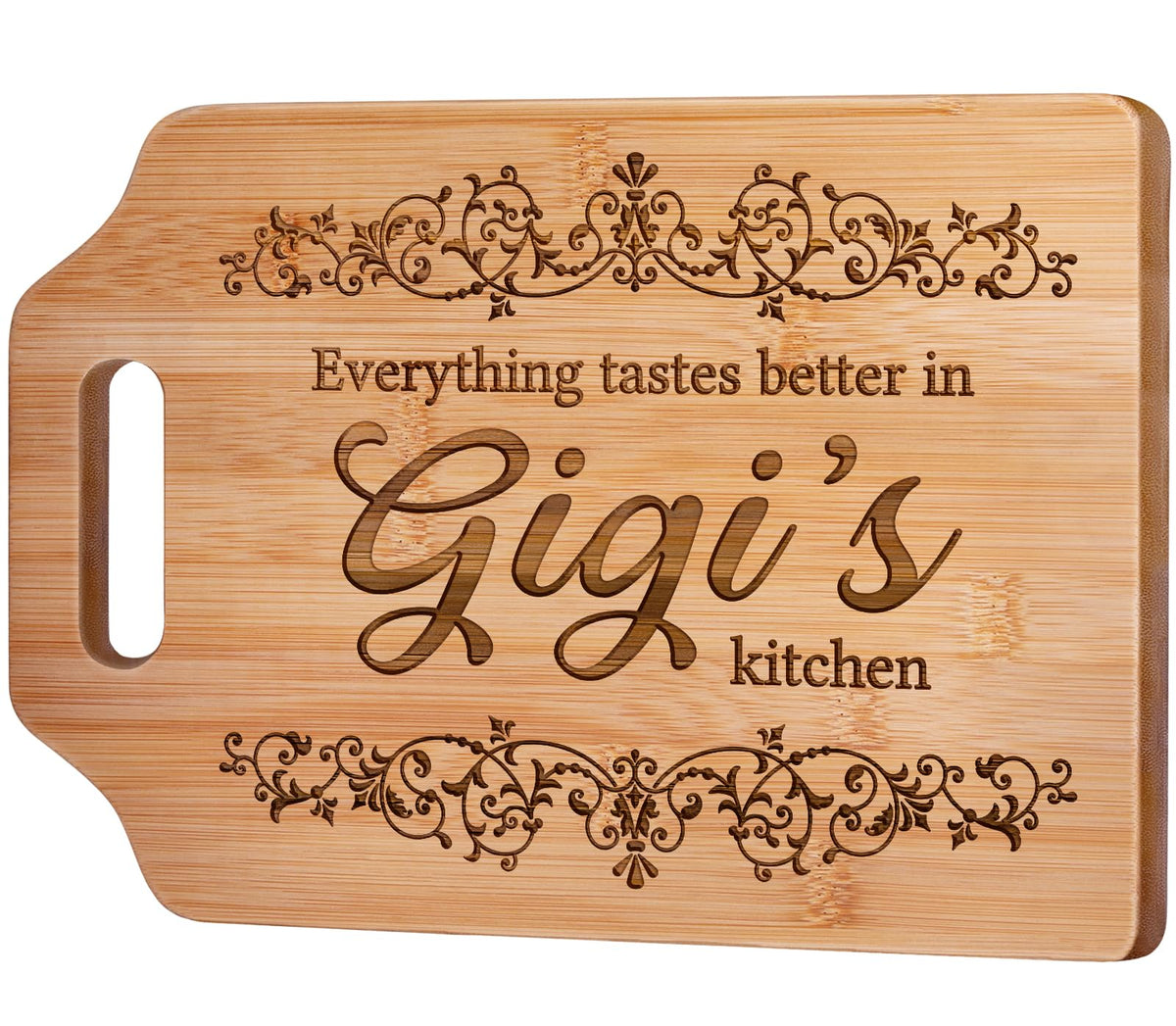 AceThrills Gigi engraved bamboo cutting board with heartfelt grandma message, ideal for gifting.