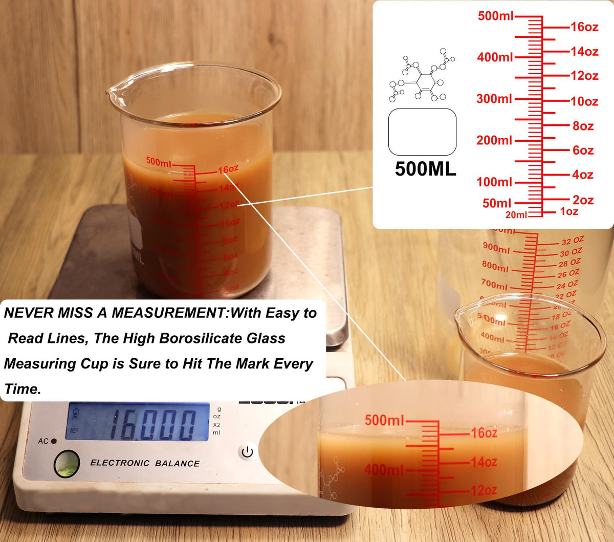 Ackers BORO3.3 accurate volume scale helps measure liquids confidently.