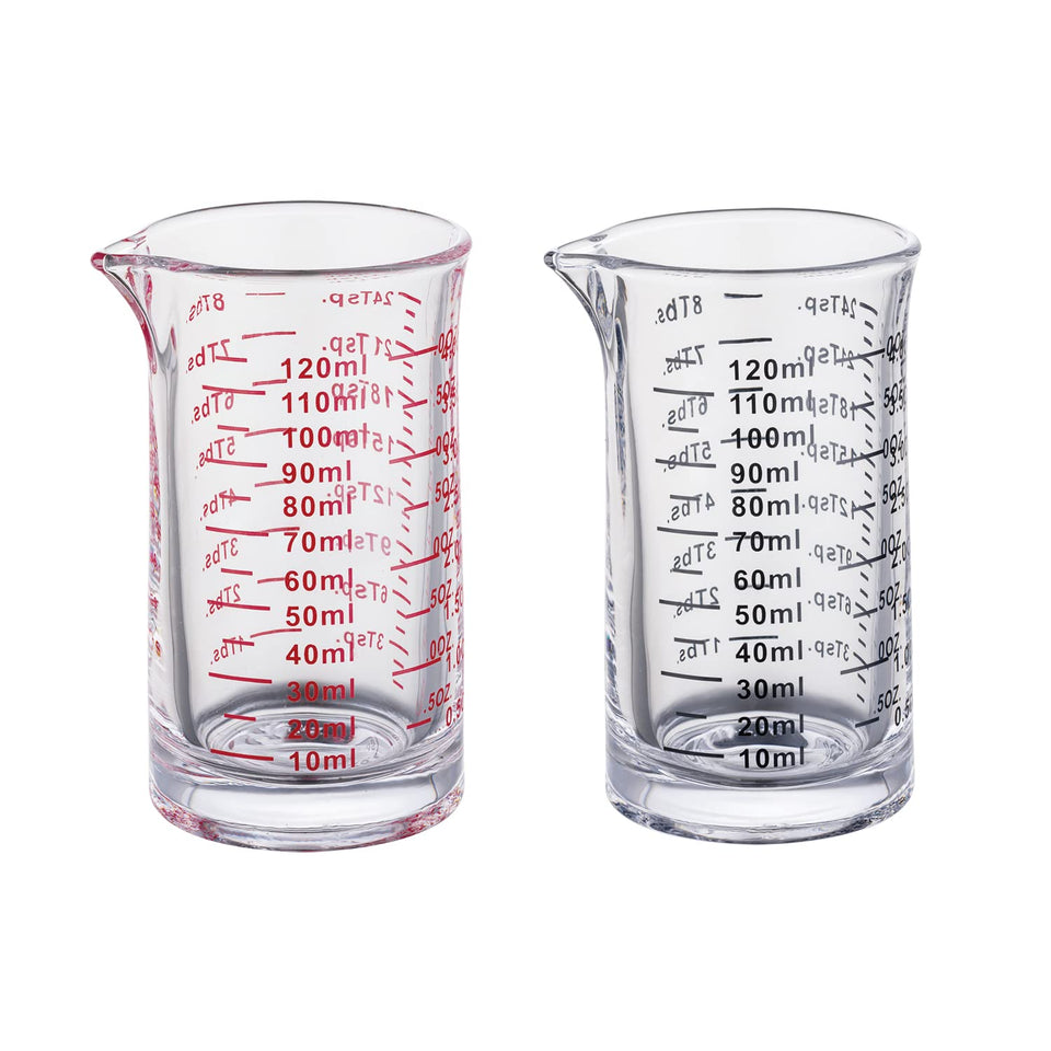Ackers 4oz glass measuring cup with V-spout for precise, drip-free pours.