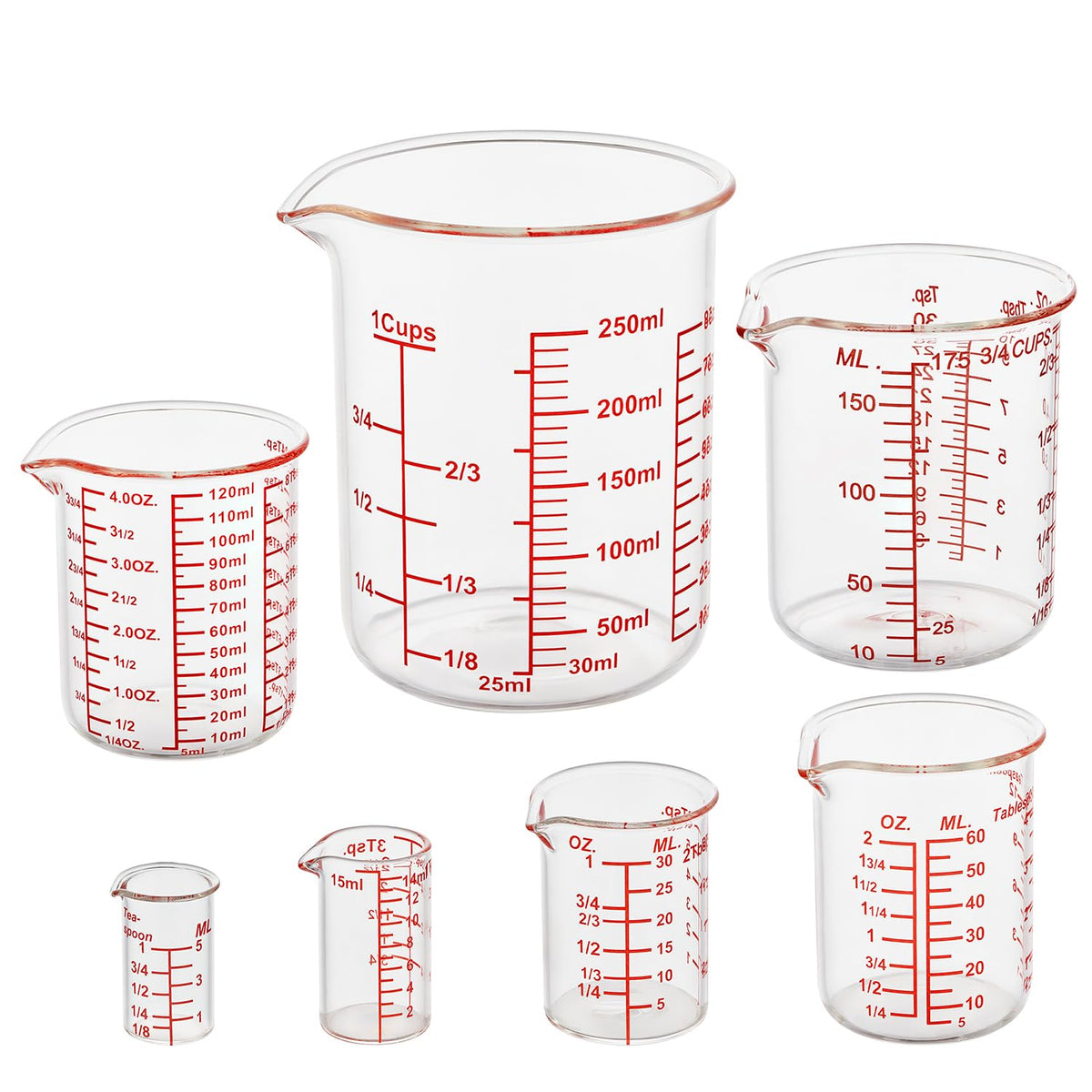 Ackers BORO3.3 7-piece glass measuring cups with a drip-free spout for precise pours.