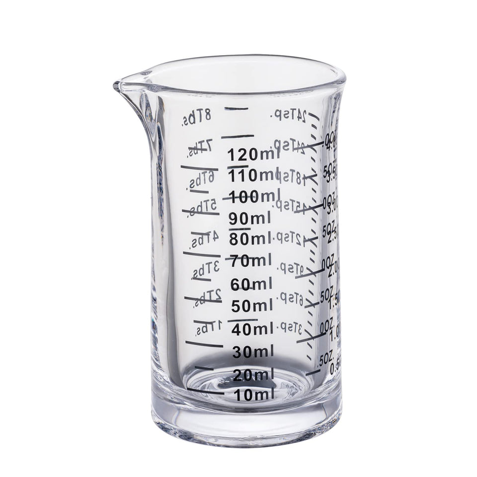 Ackers BORO3.3 4oz glass measuring cup front view for precise portions