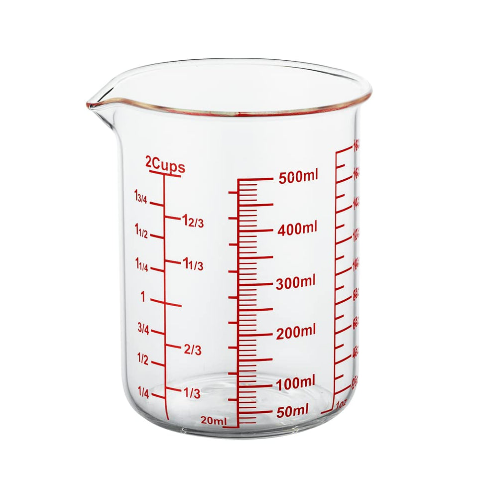 Ackers BORO3.3 measuring cup front view with clear measurements.
