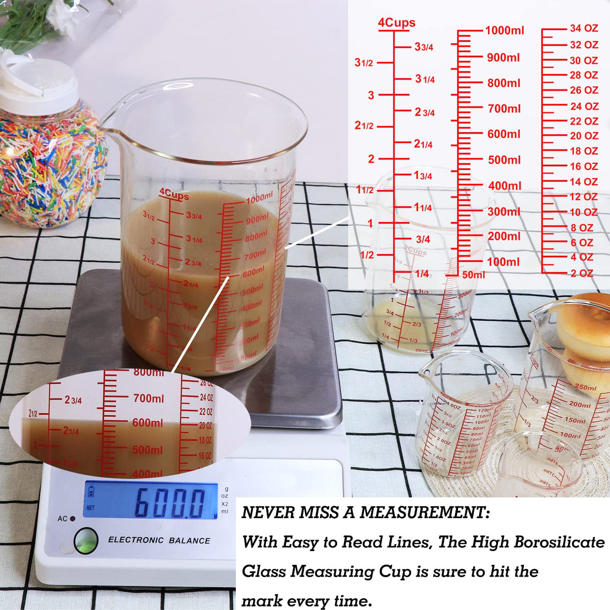 Ackers BORO3.3 measuring cup shows clear scale marks for accurate readings.