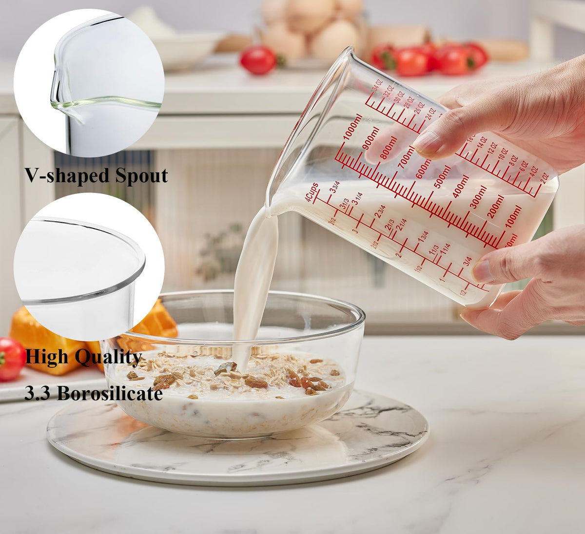 Ackers BORO3.3 measuring cup with V-spout ensures precise, splash-free pouring.