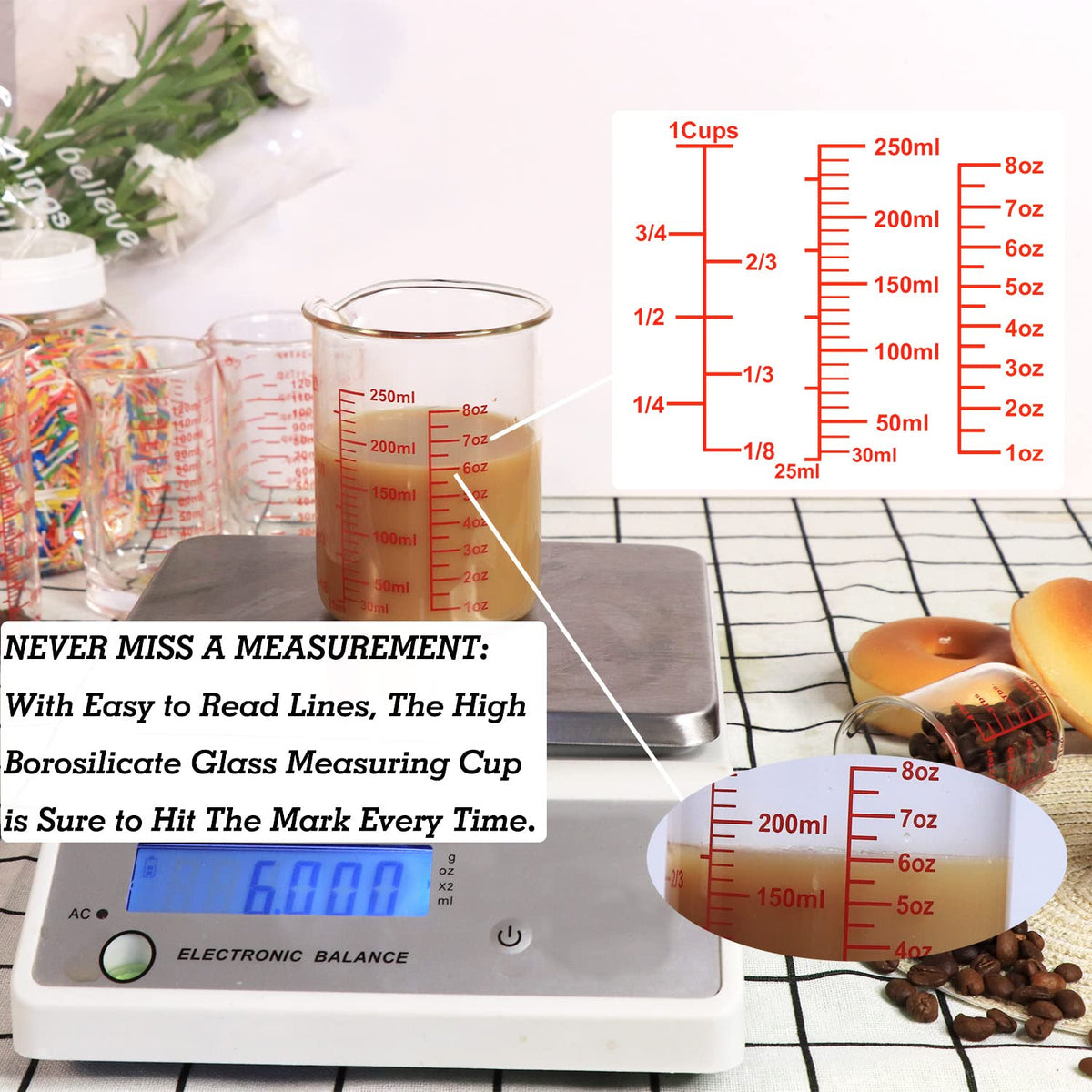 Ackers BORO3.3 three-scale glass measures fluid ounces, milliliters, and cups.