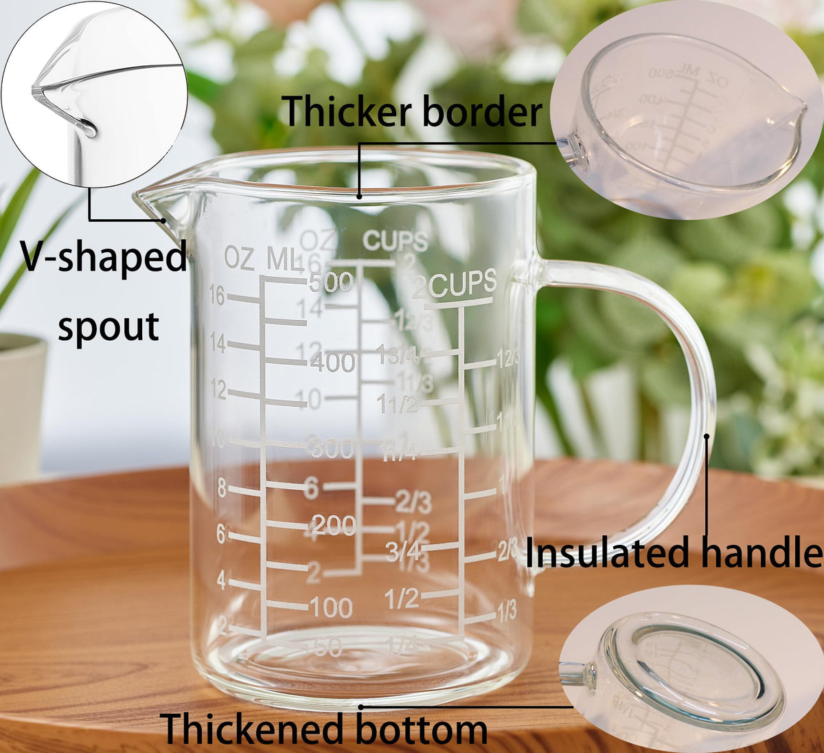 Ackers insulated-handle glass measuring cup with heat-safe grip for safe pouring