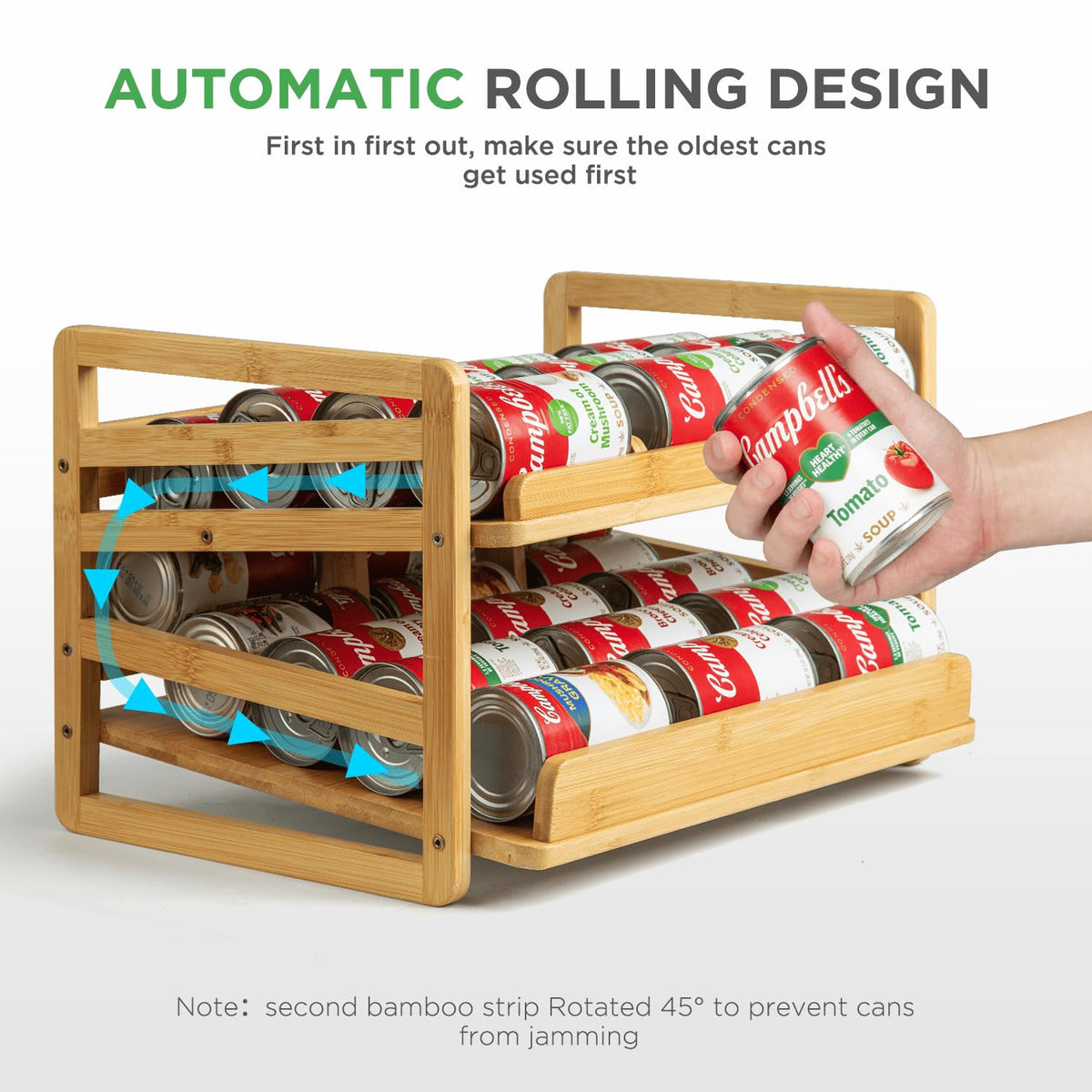 Aclema bamboo rolling can organizer dispenser enables front-can access.