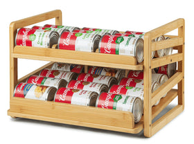 Aclema bamboo rolling can organizer front view highlights easy access and organized pantry cans.