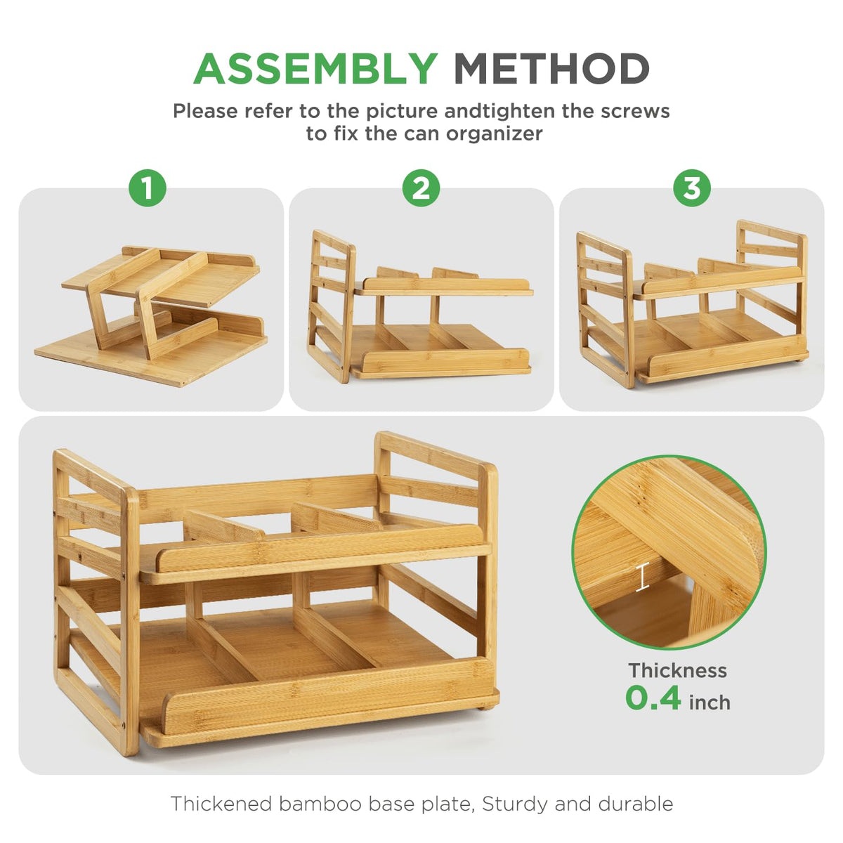 Aclema bamboo rolling can organizer in a kitchen cabinet maximizes visibility.