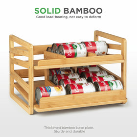 Aclema bamboo rolling can organizer loaded with cans demonstrates high-capacity storage.