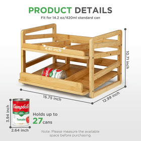 Aclema bamboo rolling can organizer side view shows slim profile for crowded shelves.