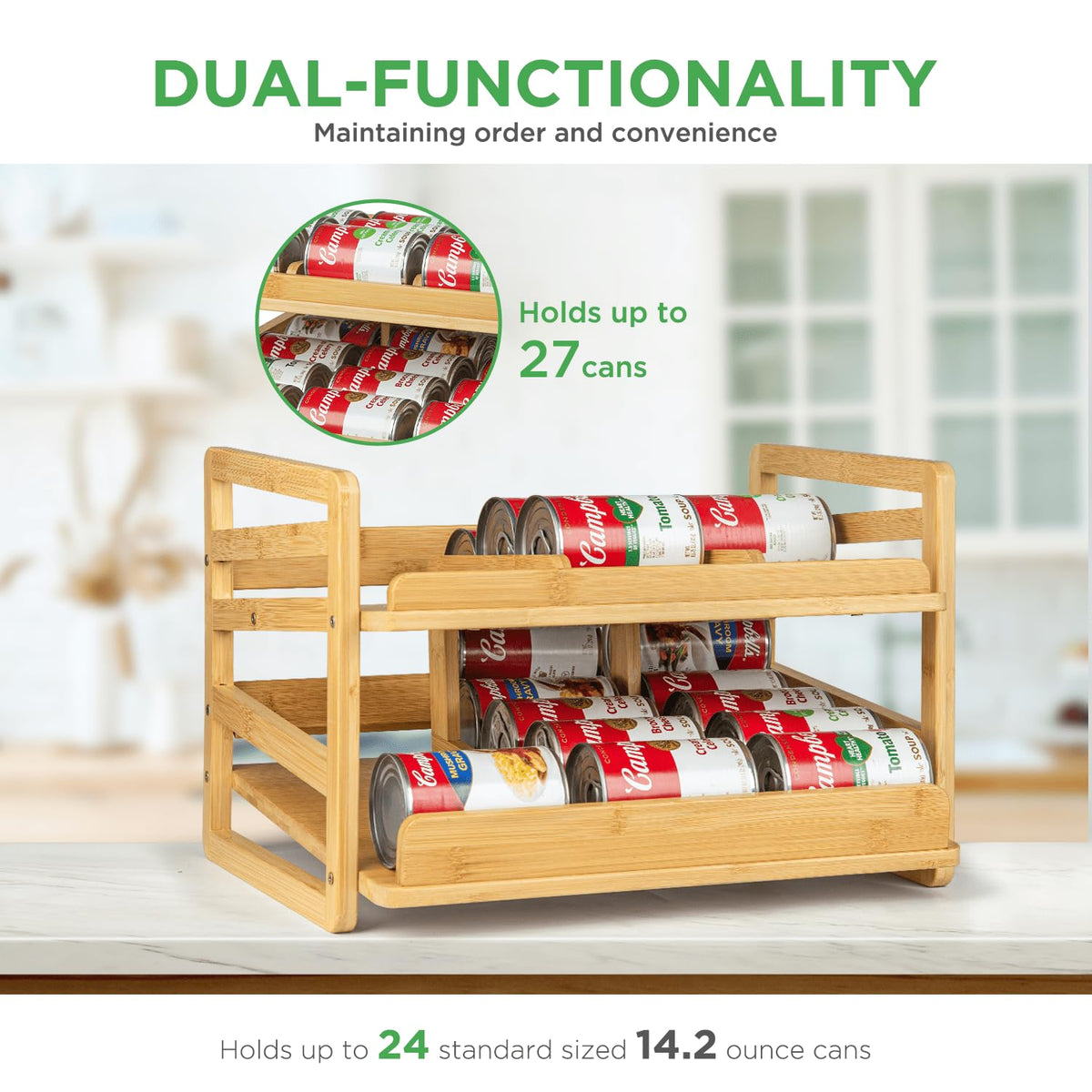 Aclema bamboo rolling can organizer two-tier stack highlights vertical pantry optimization.
