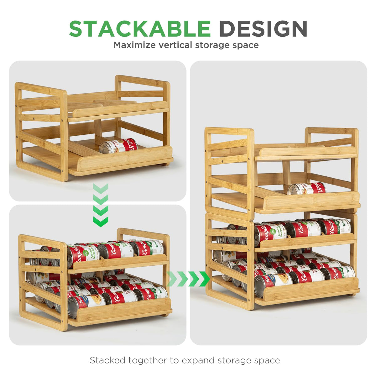 Aclema bamboo rolling can organizer on a pantry shelf illustrating tidy storage.