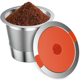ACOFEM reusable K cup front view showing stainless steel design and secure seal