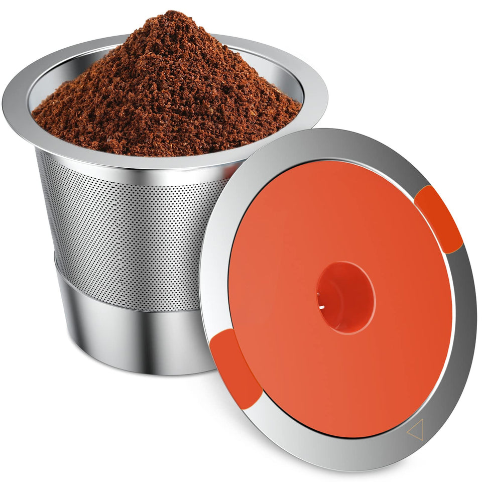 ACOFEM reusable K cup front view showing stainless steel design and secure seal