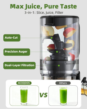 ACoqoos Cold Press Juicer wide chute enables whole-fruit juicing.
