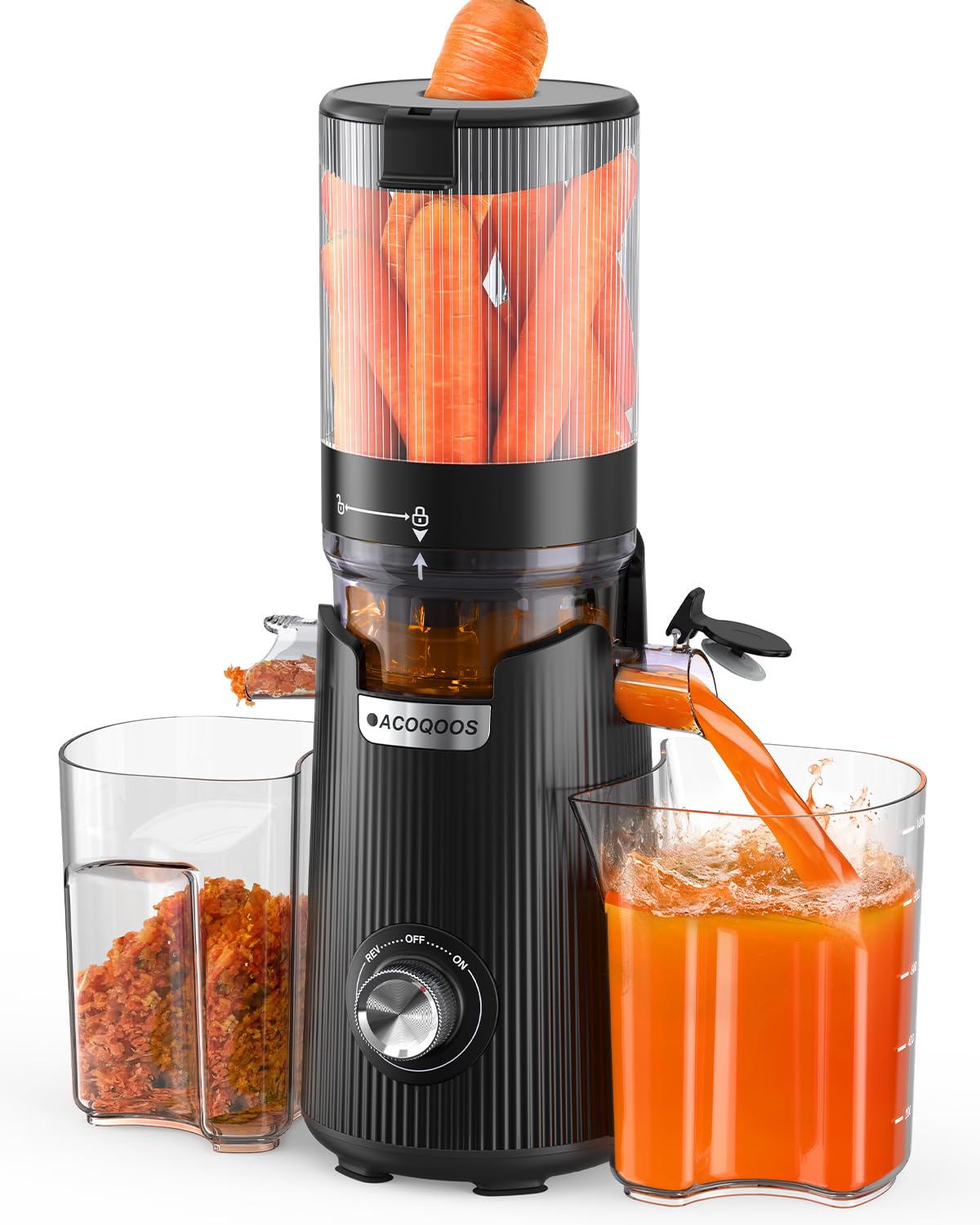 ACOOQOOS Cold Press Juicer on counter with wide chute for quick whole-fruit juicing.