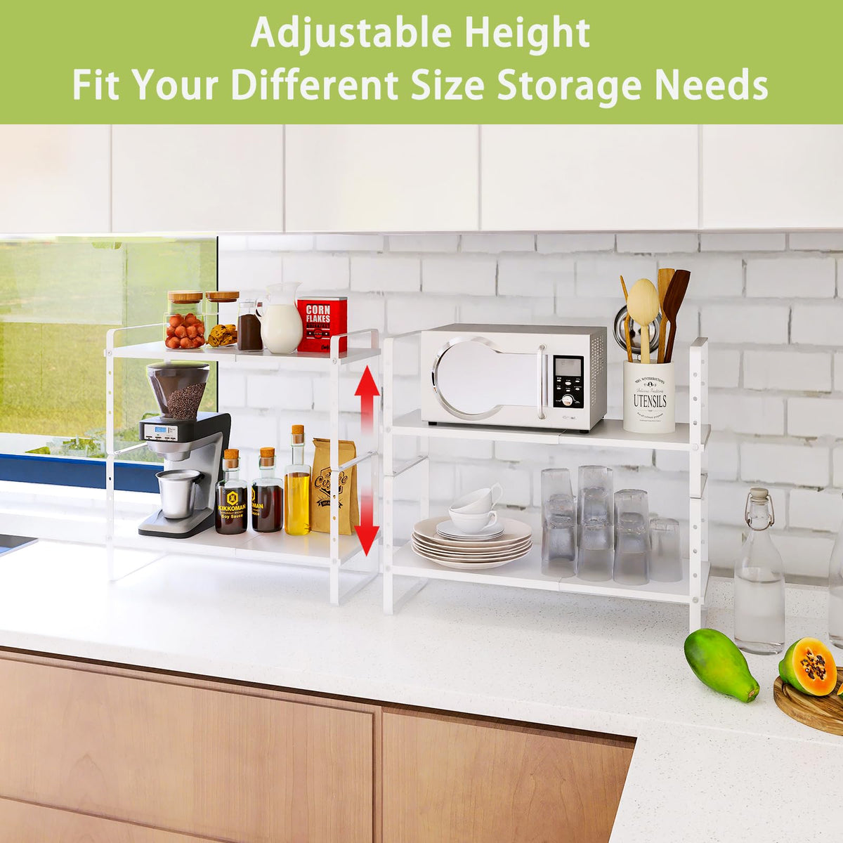Across-Star two-tier stackable rack in white for pantry organization.