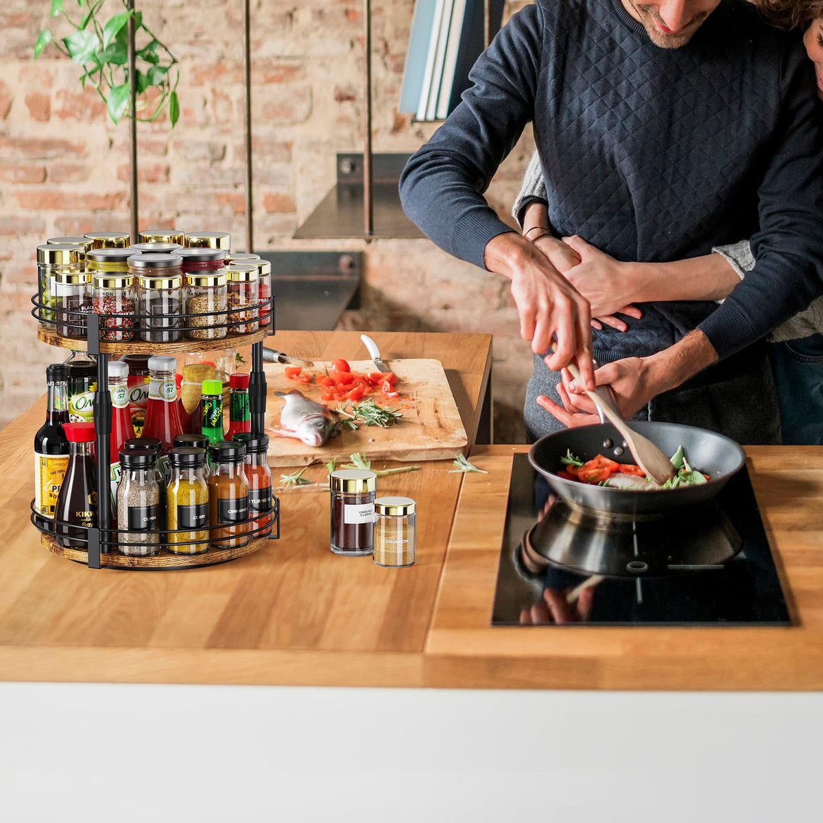 Across-Star height-adjustable spice rack showing adjustable shelves for varied bottle heights.
