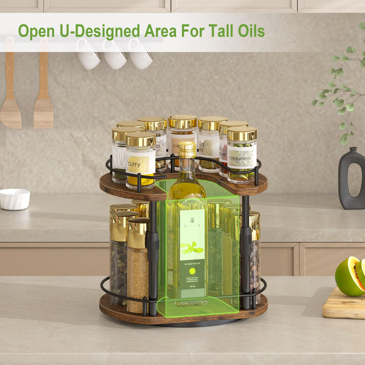 Across-Star lazy-susan spice rack 360-degree access for easy reach.