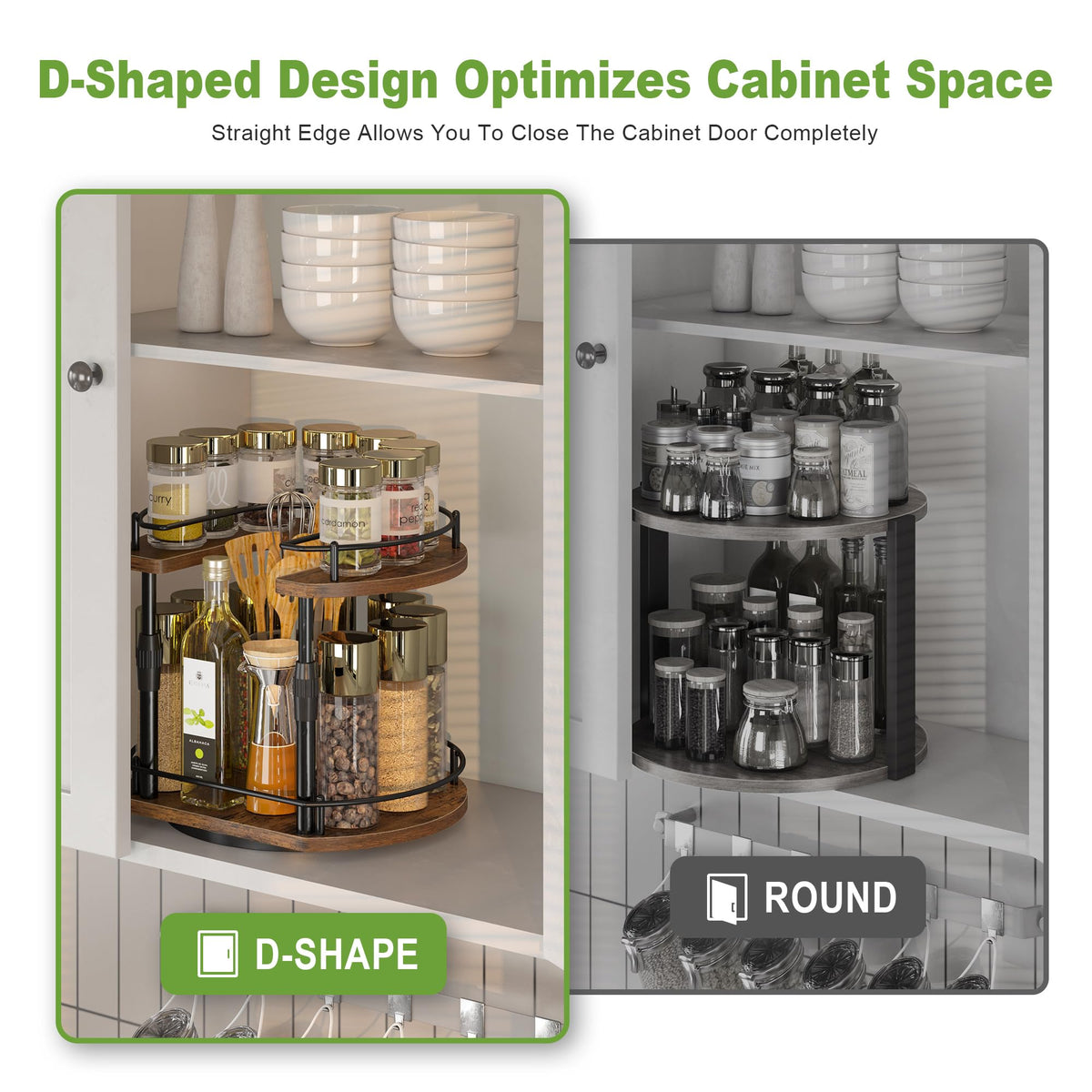 Across-Star lazy-susan spice rack adjustable height accommodates various bottle heights.
