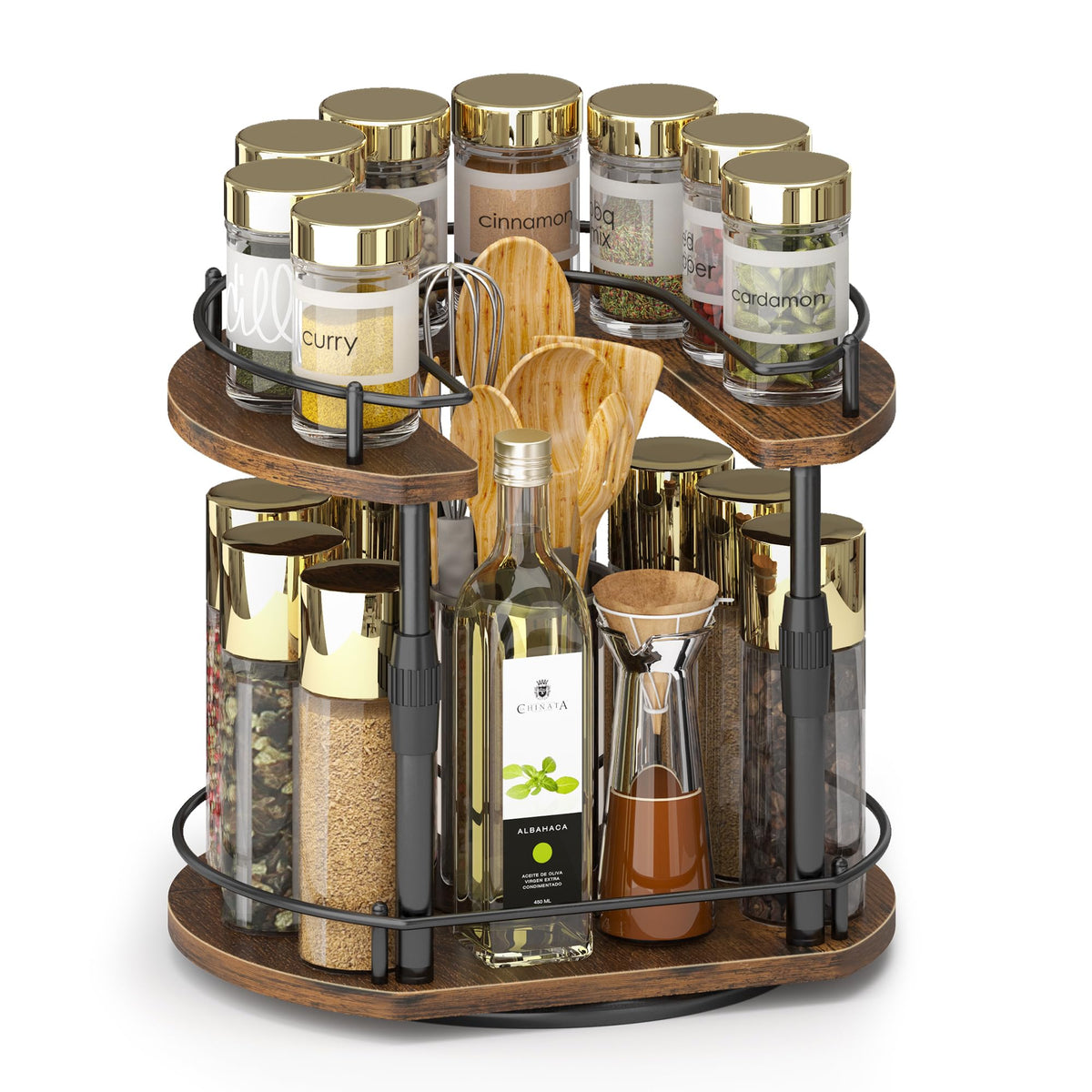 Across-Star lazy-susan spice rack base with D-shape front fits flush against cabinet doors.
