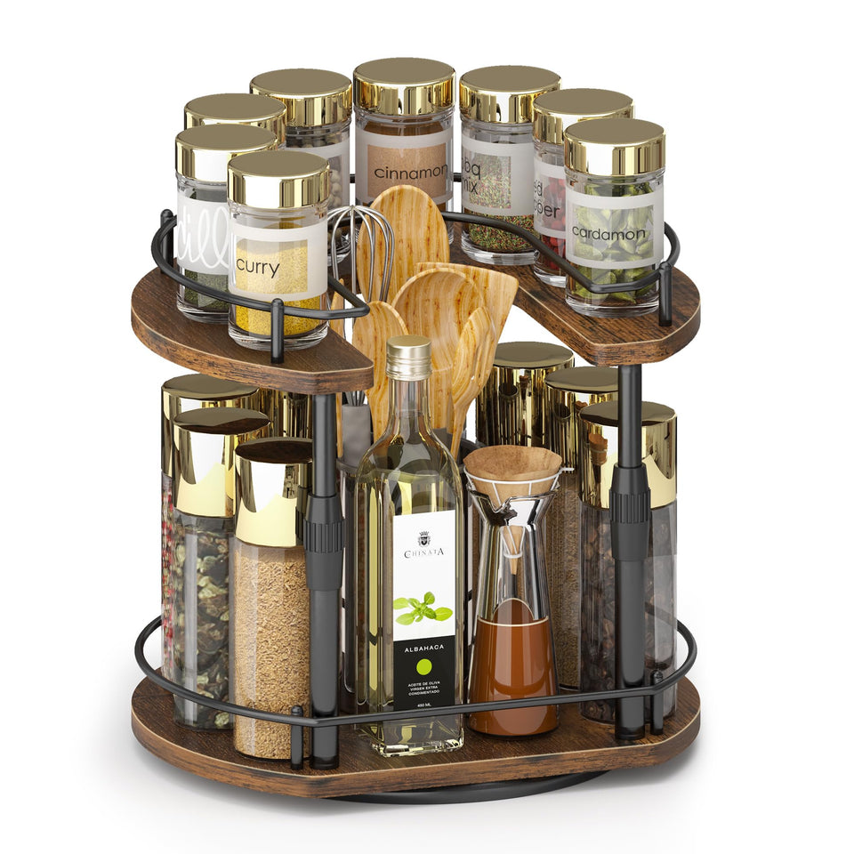 Across-Star lazy-susan spice rack base with D-shape front fits flush against cabinet doors.