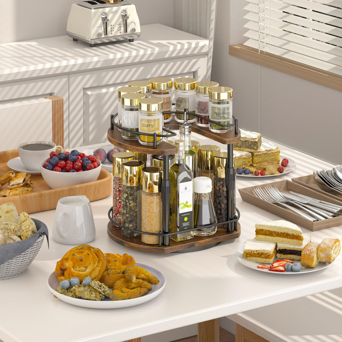 Across-Star lazy-susan spice rack top shelf with U-shape for tall bottles.
