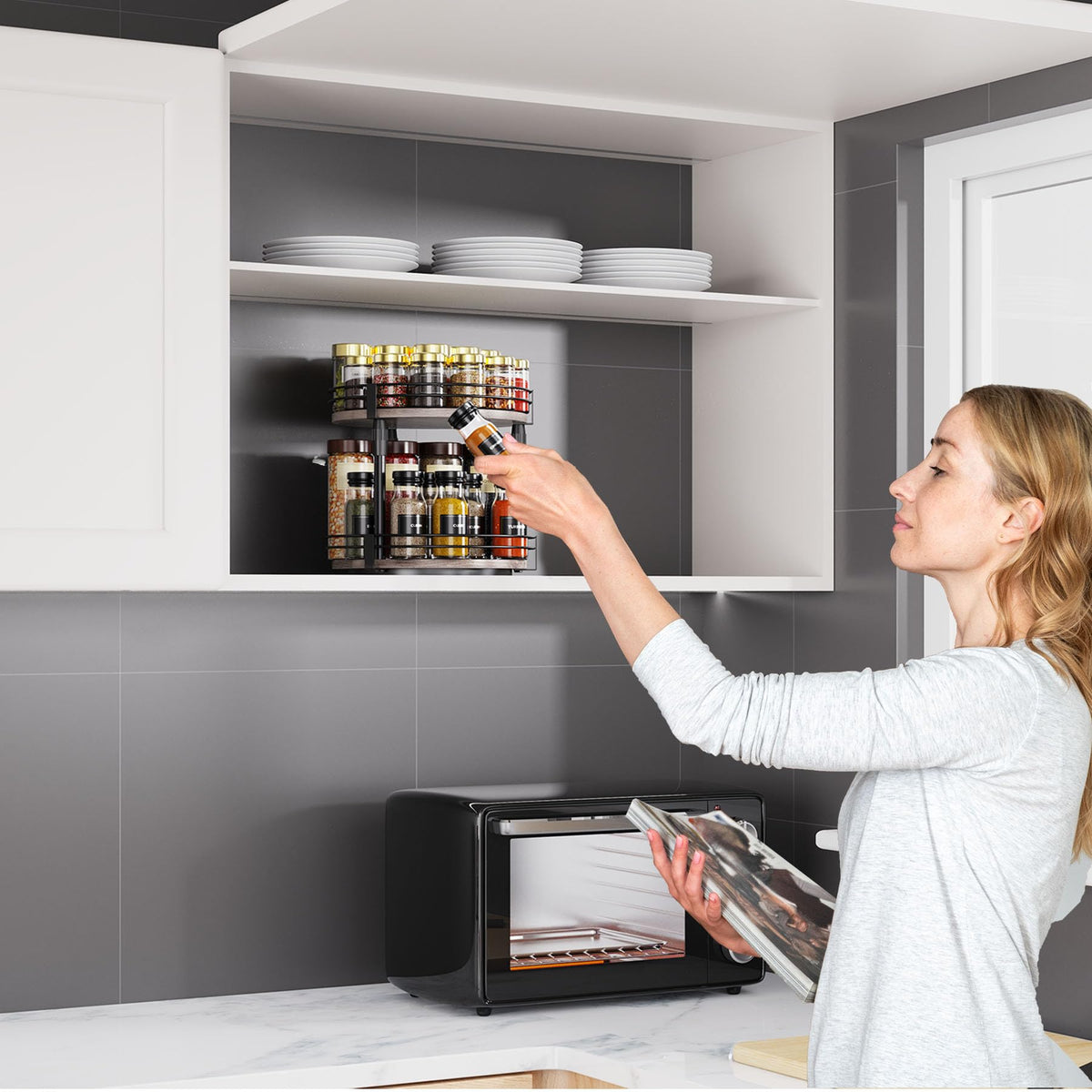 Across-Star organizer keeps bottles visible for quick meal prep