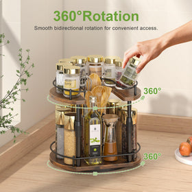 Across-Star spice rack with metal frame and wooden tray for durability.